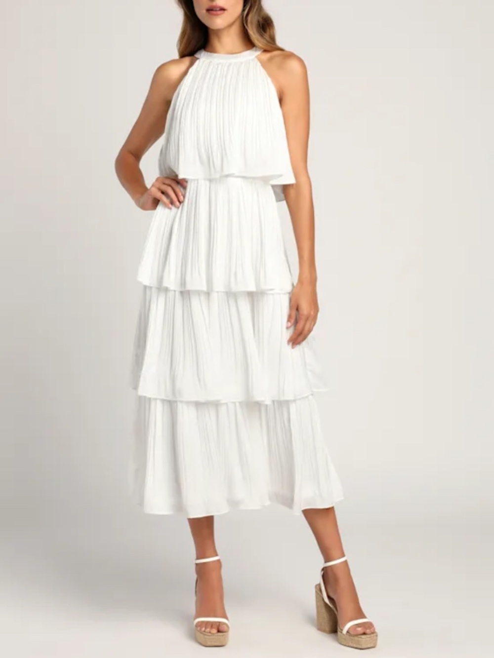 Size L Lulus Tier and Far White Tiered Pleated Halter Midi Dress - Picture 2 of 10